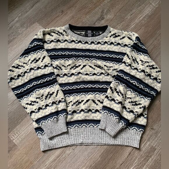 VTG Expressions Stripe Pattern Funky Grandpa Sweater  Gray Blue White Black L - Picture 1 of 10